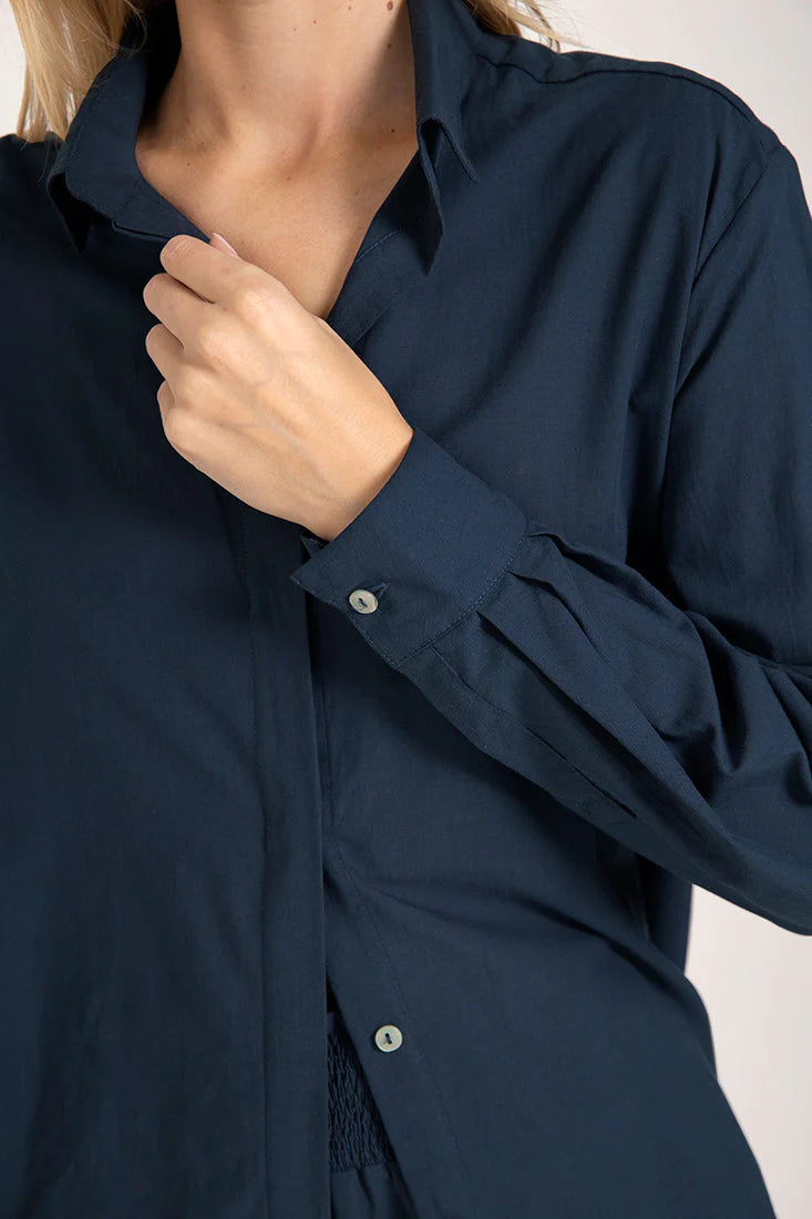 NAVY BLUE LINEN MAXI SHIRT