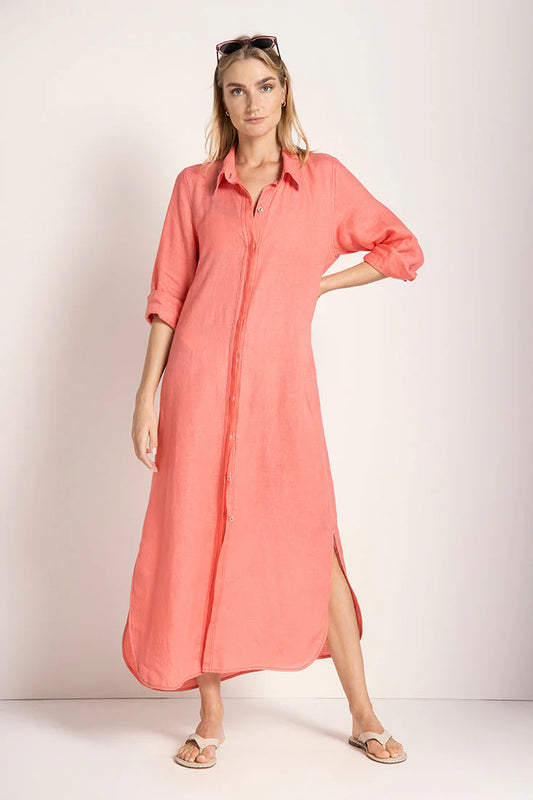 LONG SLEEVE CORAL LINEN SHIRT DRESS