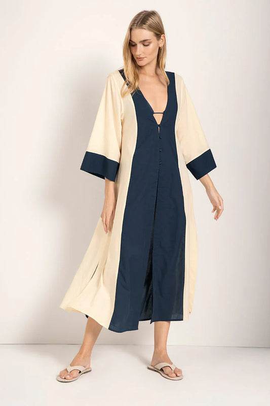 BEIGE BLUE LONG KIMONO