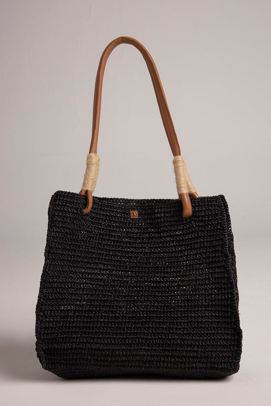 BLACK FIQUE TOTE BAG WITH LEATHER HANDLES