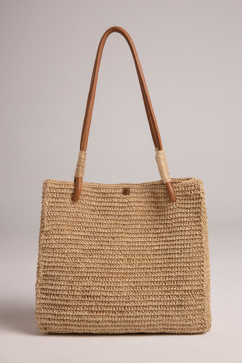 BEIGE FIQUE TOTE BAG WITH LEATHER HANDLES