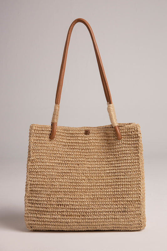 BEIGE FIQUE TOTE BAG WITH LEATHER HANDLES