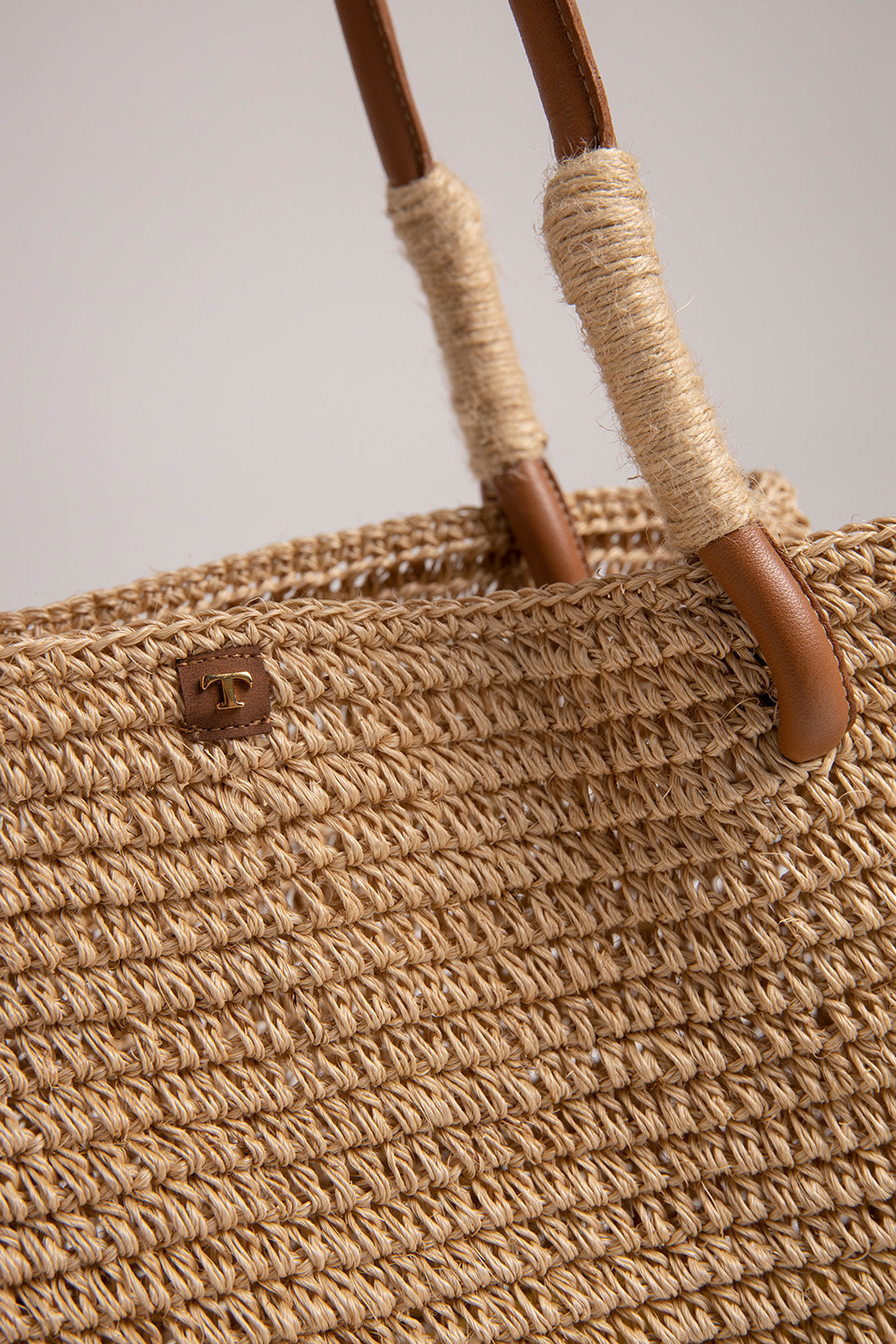 BEIGE FIQUE TOTE BAG WITH LEATHER HANDLES