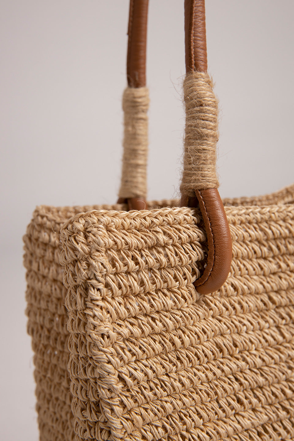 BEIGE FIQUE TOTE BAG WITH LEATHER HANDLES