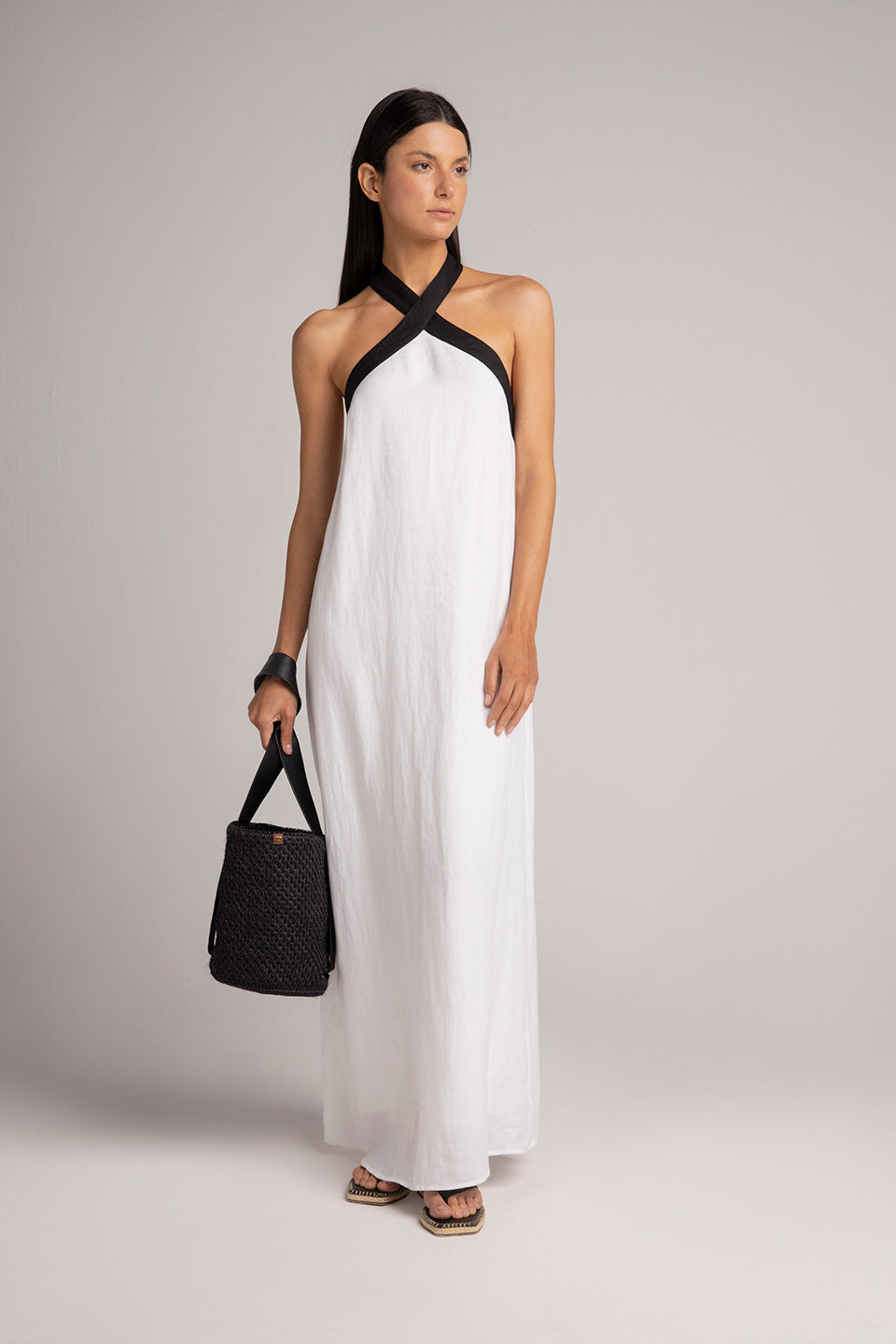 BLACK AND WHITE LINEN LONG DRESS