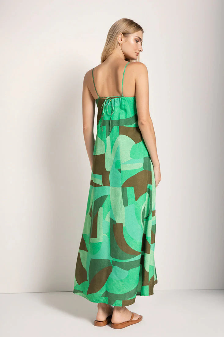 GREEN PRINT LONG DRESS